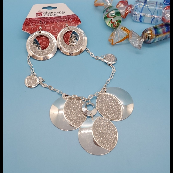 Charming Charlie Silvertone round disc shiny matte mix earrings and necklace set - Picture 2 of 5